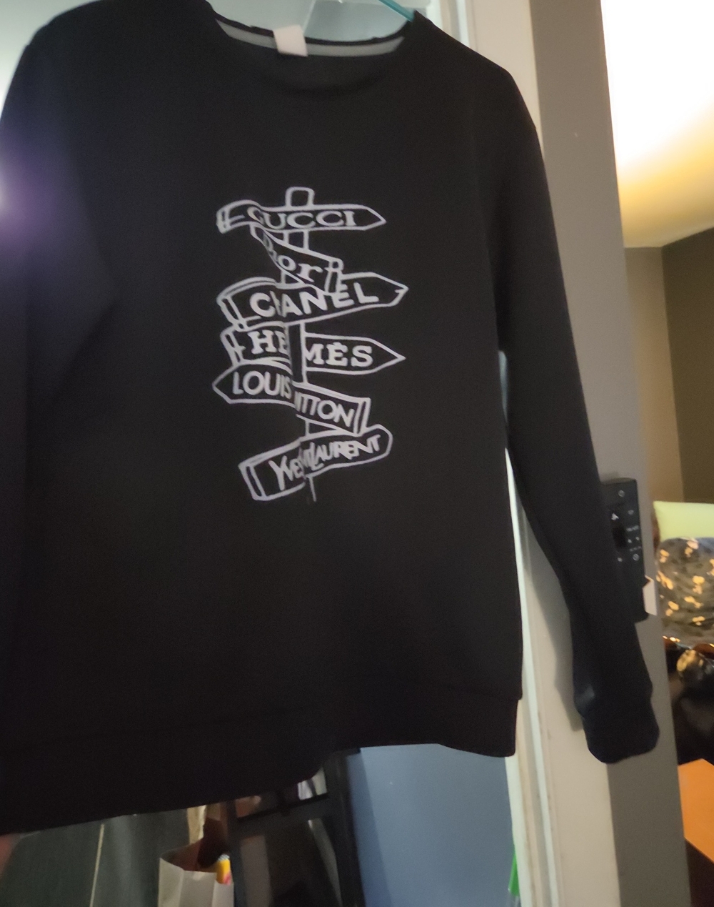 Black Crewneck Sweater with White Multi-Brand Signpost Graphic